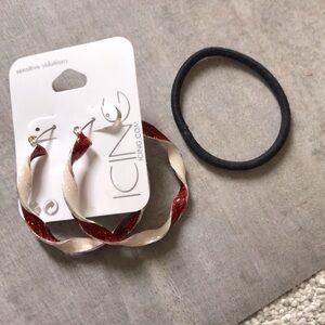 Red and white stripped hoops. Hair tie for scale. Brand new never worn.